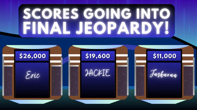 Scores Going Into Final Jeopardy Friday, August 18, 2023